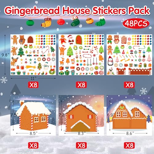 LINAYE 48PCS Make A Gingerbread House Stickers, Christmas Crafts for Kids Toddlers, Gingerbread House Craft Stickers, Christmas Activities Games for Kids Party Favors, 24 Finished Products - style: Gingerbread House 48 Sheets