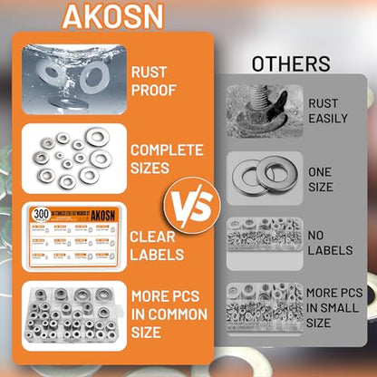 Stainless Steel Flat Washers Assortment Kit, SAE 304, 300-Piece Metal Screw Washers Set for Bolts, 8 Sizes #6; #10; #12; 1/4"; 5/16"; 3/8"; 1/2" - size: Stainless Steel - 300Pcs