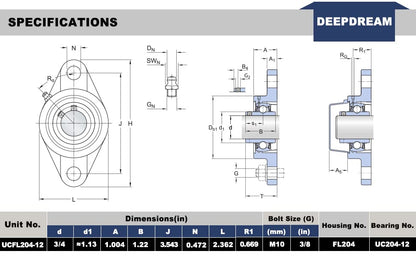 DEEPDREAM UCFL204-12 Pillow Block Bearing - Pack of 4 Flange Mounted Pillow Block Bearings 3/4 inch Bore Chrome Steel Bearings, Self Alignment Pillow Block Bearing - size: UCFL204-12-4pcs