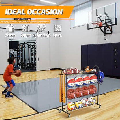 PLKOW Rolling Ball Storage Rack with Bat Holder and Hooks, Black