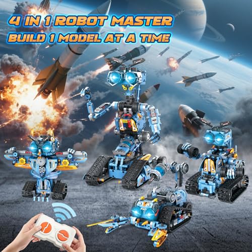 OKKIDY Robot Building Toys for Kids, 4-in-1 Rechargeable Remote Control RC Robotics STEM Building Block Kit RC Wall/Engineer Robot Toys for Boys Girls Ages 6 7 8 9 10 11 12+ (813PCS)
