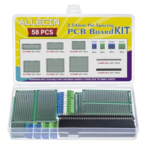 58Pcs 6 Sizes Double Sided PCB Circuit Prototype Solder Board Kit with 2.54mm 40pin Male Female Header Connector and 5mm KF301 Screw Terminal Block for DIY Soldering