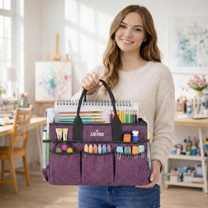 JJRING Large Art Supply Storage Tote Bag With Mesh Pockets, Purple - color: Purple