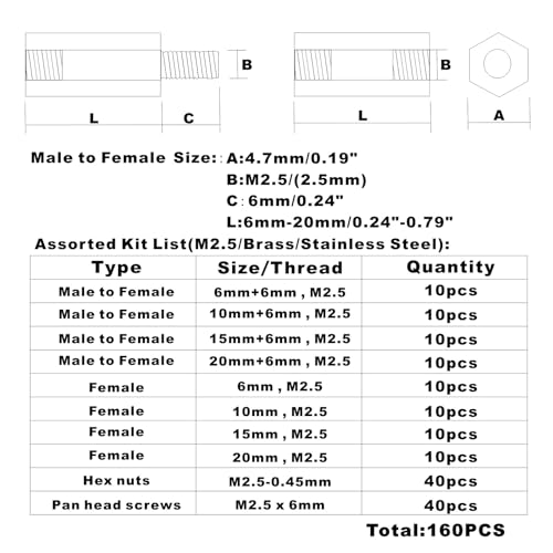 M2.5 Brass Male-Female Hex Standoffs, Stainless Steel Screws Nuts Kit
