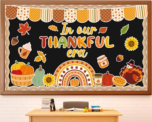 Thanksgiving Turkey Bulletin Board Decorations Pumpkin Maple Leaves Paper Cutouts in Our Thankful Era Bulletin Board Set Fall Party Supplies for Autumn School Chalkboard Wall Window Decoration Favor - style: Fall