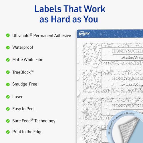 Avery® Outdoor Waterproof Rectangle Labels, Sure Feed® Technology, 1.5" x 7.5", White Film, Print-to-the-Edge, Compatible with Laser Printers, 50 Labels Total - style: 50 labels