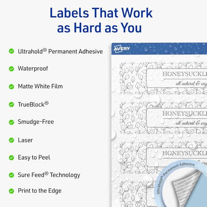 Avery Outdoor Waterproof Rectangle Labels with Sure Feed Technology, 1.5" x 7.5", White Film, Print-to-the-Edge, Compatible with Laser Printers, 250 Labels Total - style: 250 labels