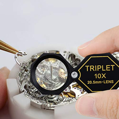 10x Magnifier Jewelry Loupe 20.5mm Triplet Lens Optical Glass Pocket Gem Magnifying Tool for Jeweler, Stamp Philatelist, Coin Numismatic, Achromatic Black Hexagonal Design Kit Set