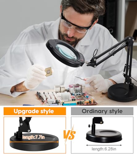10X 15X Magnifying Glass with Light and Stand, LED Desk Magnifying Lamp with Base and Clamp, 5 Color Modes, 10 Dimmable Levels Lighted Desktop Magnifier for Reading, Crafts, Jewelry, Sewing