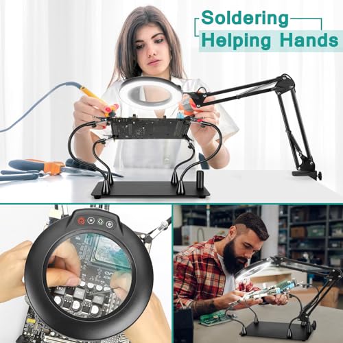 IVMAIE 12X Helping Hands Soldering Station, Magnifying Glass with light, 4 Magnetic PCB Holder Arms, Non-Slip Weighted Base Magnifier, Third Hand Soldering Tool for Soldering Jewelry Hobby Craft