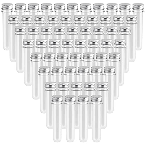 SEUNMUK 60 PCS 40ml Clear Plastic Test Tubes with Caps, 140 x 25 mm Clear Bath Salt Tubes, Test Tubes for Plants, Scientific Experiments, Candy Storage, Powders, Spices - color: Silver Caps