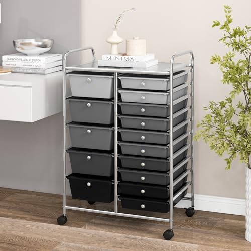 COSTWAY 15 Drawer Rolling Storage Cart, Mobile Storage Organizer - color: Mixed Black, size: 15 Drawer