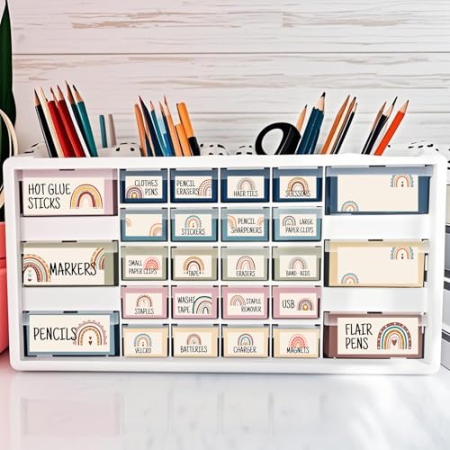 54Pcs Teacher Toolbox Labels Classroom Decoration Self-Adhesive Boho Rainbow Toolbox Sticker Boho Tool Box Storage Decal Rainbow Organizer Container Decor for Back to School Teacher Supplies - style: Bohemian
