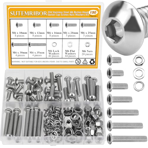 150 Pieces M6 Screws Nuts Washers Set, Sutemribor M6 x 10/12/16/20/25/30/35mm Button Head Socket Cap Screws Nuts Washers Assortment Kit, 304 Stainless Steel, Fully Threaded - size: M6, style: Button Head