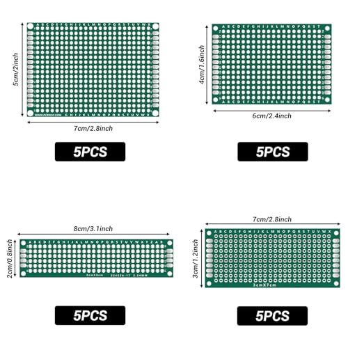 20Piece Double Sided PCB Board Kit with 4 Sizes 2 * 8CM，3 * 7CM，4 * 6CM，5 * 7CM, for DIY Soldering,Electronic Projects, Arduino Kits,and Circuit Prototyping