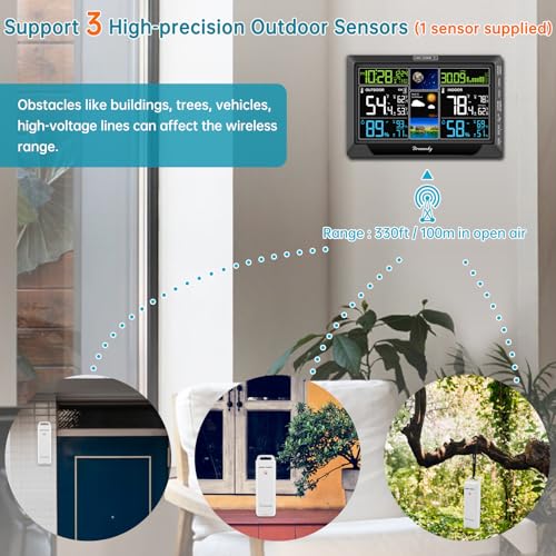 DreamSky Weather Station Indoor Outdoor Thermometer Wireless, Atomic Clock - color: Jet Black with 1 sensor