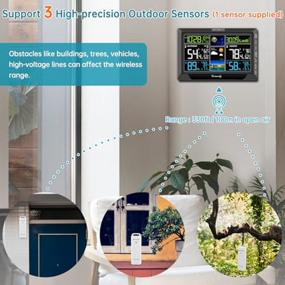 DreamSky Weather Station Indoor Outdoor Thermometer Wireless, Atomic Clock - color: Jet Black with 1 sensor
