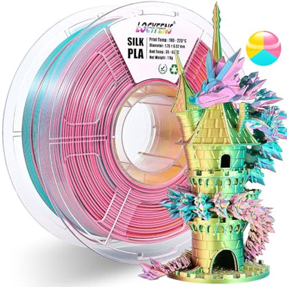 PLA Filament 1.75mm, Silk Rainbow Color PLA Filament, Tri Color 3D Printer Filament Sky Blue Yellow Rose Red, Fit to AMS, 1kg/Spool - color: Tri-color Sky Blue & Pink & Yellow