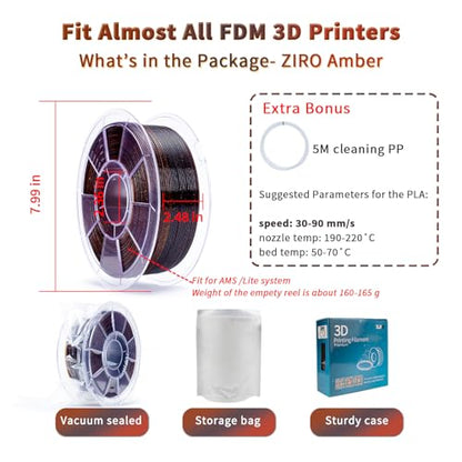 ZIRO PLA Filament 1.75mm, Sparkle Glitter & Transluent Base, 1kg Amber - color: Amber
