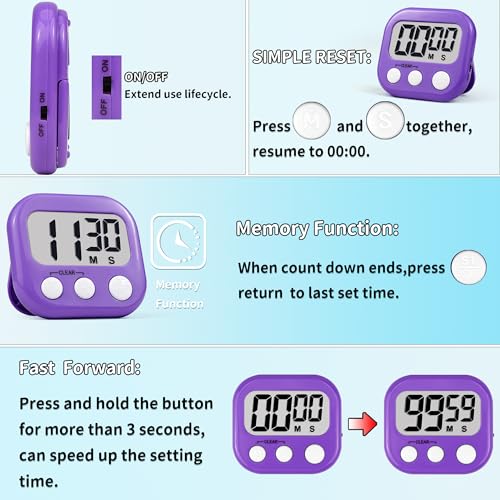 Timer for Kids Digital Kitchen Timers for Cooking- 2 Pack Blue Purple - color: Blue Purple