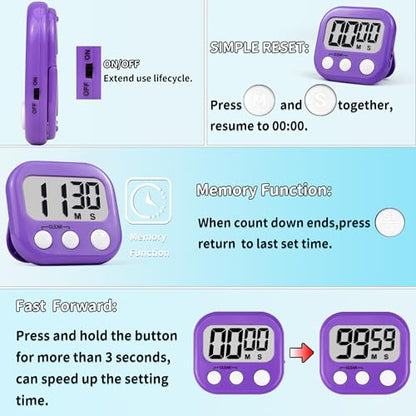 Timer for Kids Digital Kitchen Timers for Cooking- 2 Pack Blue Purple - color: Blue Purple