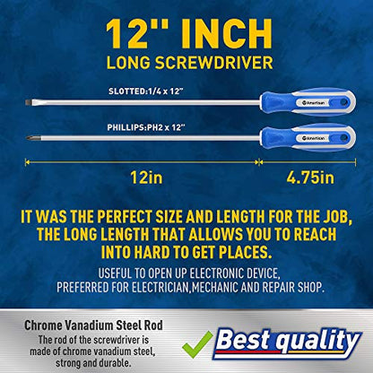 Amartisan 2-Piece 12'' long Screwdriver Set, Long Blade Screwdriver Set 12-Inch Magnetic Screwdriver, Phillips & Slotted Bits .（NEW）