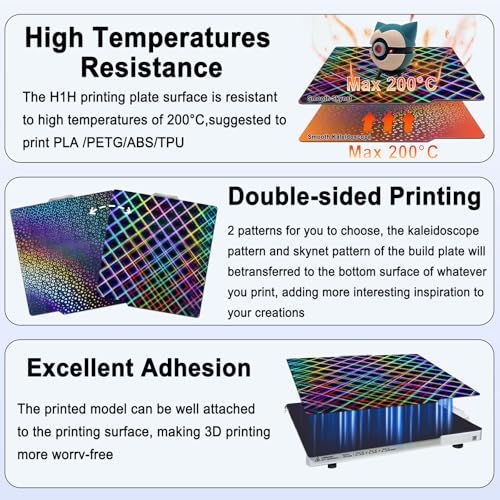 New Upgraded 257x257mm H1H Holographic Build Plate for Bambu Lab X2D/P2S/A1/X1C/X1/X1E/P1P/P1S, Smooth Kaleidoscope + Smooth Skynet Spring Steel Plate Flexible Plate for Bambu Labs 3D Printer - color: H1H( Kaleidoscope+Skynet)