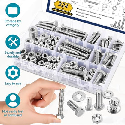 324PCS Hex Nuts and Bolts Assortment Kit, 1/4-20, 5/16-18, 3/8-16 SAE