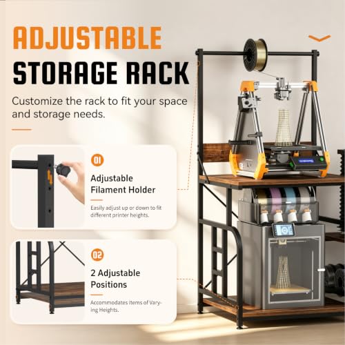 3D Printer Stand with Filament Storage Rack, Power Outlet, Spool Holder - color: Rustic Brown