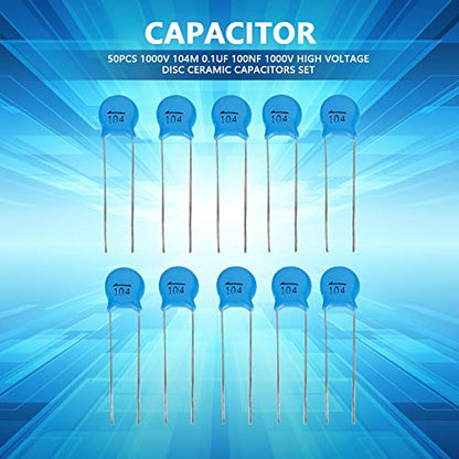 Ceramic Capacitor Set, 0.1uF 100nF 1000V High Voltage Disc Chip, 50 Pieces, Blue