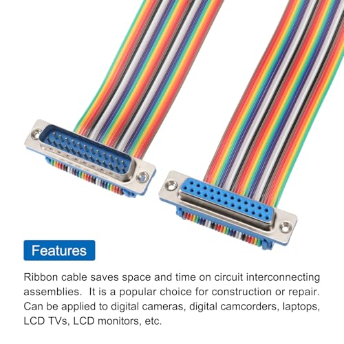 MECCANIXITY 2 Pcs IDC Rainbow Wire Flat Ribbon Cable DB25 Male to DB25 Female 39 Inch Length 2.54mm Pitch Breadboard Jumper Wires for Electronic Projects - size: 39 Inch, style: DB25 Male to DB25 Female