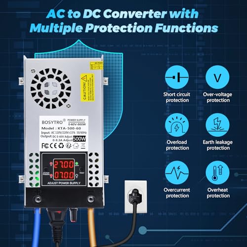 Upgraded AC to DC Converter 5V 12V 24V 30V 48 60v DC Power Supply Adjustable 0-60V 0-8.3A 500W Switching Power Supply for Led Strip, Motor Pump, CCTV, 3D Printer, Lab Computer