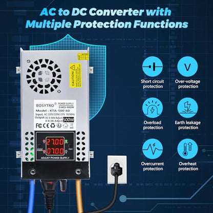 Upgraded AC to DC Converter 5V 12V 24V 30V 48 60v DC Power Supply Adjustable 0-60V 0-8.3A 500W Switching Power Supply for Led Strip, Motor Pump, CCTV, 3D Printer, Lab Computer