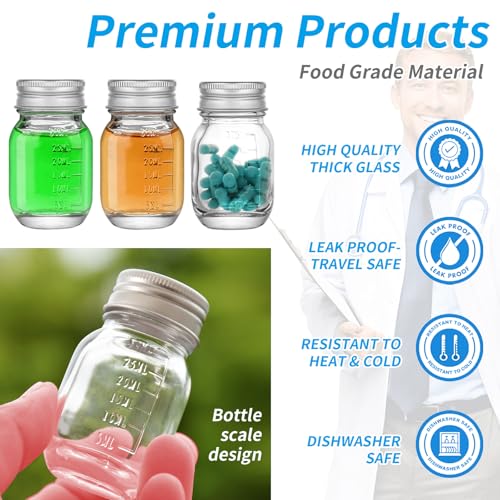 4Pcs Glass medicine bottles 1oz 30 ml Glass Reagent Bottles Transparent Sample Jar,Wide Mouth,Screw Cap with Scale for Home, Argent Lid (4)