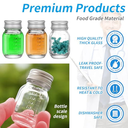 4Pcs Glass medicine bottles 1oz 30 ml Glass Reagent Bottles Transparent Sample Jar,Wide Mouth,Screw Cap with Scale for Home, Argent Lid (4)
