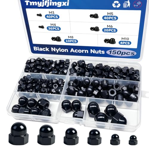 150PCS Black Acorn Cap Nuts Assortment Kit M3 M4 M5 M6 M8 M10 Nylon Dome Hex Nut Bolt Covers Caps for Screws YY042