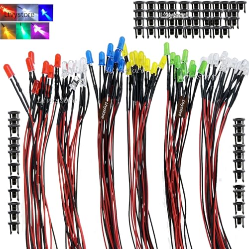 60Pcs 3MM 9V 6Colors LED Pre Wired Prewired Lamp Light Bulb Prewired Emitting Diode +60Pcs Black 3MM LED Plastic Clip Holder Display Panel