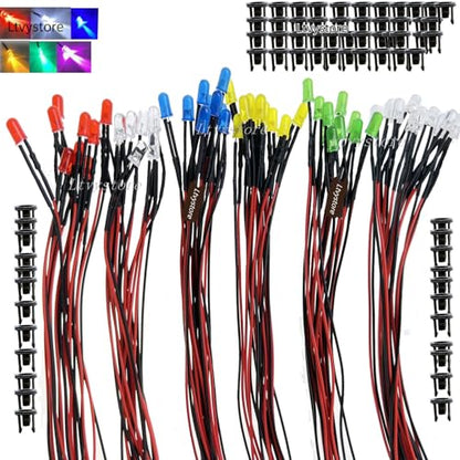 60Pcs 3MM 9V 6Colors LED Pre Wired Prewired Lamp Light Bulb Prewired Emitting Diode +60Pcs Black 3MM LED Plastic Clip Holder Display Panel