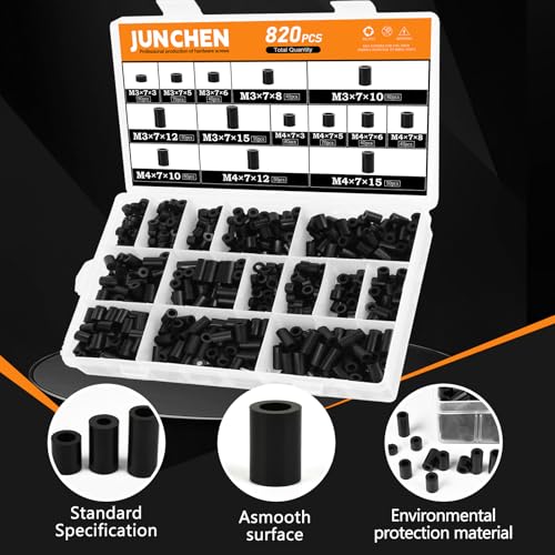 820pcs Black Nylon Spacers, 14 Sizes Plastic Spacer Assortment Kit, Electrical Outlet Screw Spacers Unthreaded for Electrical Screws, Switch and Receptacle Od7mm Id3/4mm Length 3/5/ 6/8/ 10/12/ 15mm