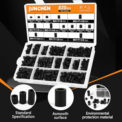 820pcs Black Nylon Spacers, 14 Sizes Plastic Spacer Assortment Kit, Electrical Outlet Screw Spacers Unthreaded for Electrical Screws, Switch and Receptacle Od7mm Id3/4mm Length 3/5/ 6/8/ 10/12/ 15mm