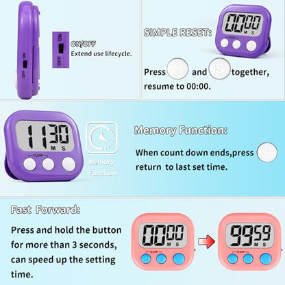 Timer for Kids Digital Kitchen Timers for Cooking- 2 Pack Pink Purple - color: Pink Purple