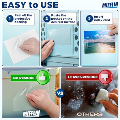 Mifflin-USA - Index Card Holder - 3x5”, 30 Pack - Clear Self-Adhesive Pockets - Label Holders for Organizing Storage Bins & Containers - Plastic Sleeves for Protecting Cards & Labels - size: 5x3" (Pack of 30)