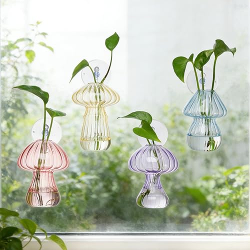 Bunmery Window Propagation Stations, 4 pcs Colored Mushroom Plant Propagation Station with Suction Cups, Easy to Install Window Hanging Planer, Indoor No Nails Glass Vase Terrarium for Plants&Flowers - color: Colorful Mushroom, size: 4 PCS
