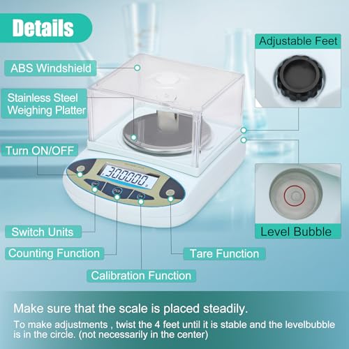 Lab Scale 3000gx0.01g,0.01g Accuracy High Precision 13 Unit Digital Analytical Balance, Electronic Laboratory Precision Gram Scale,Digital Scale with Windshield(with 500g Calibration Weight) - size: 3000gx0.01g