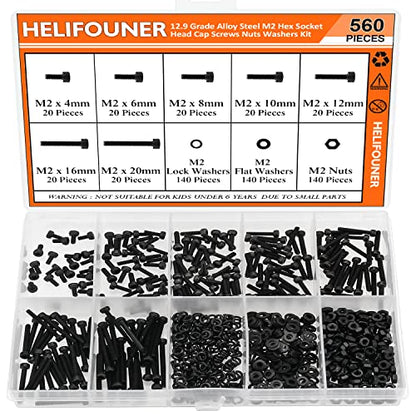 HELIFOUNER 560 Pieces M2 x 4mm /6mm /8mm /10mm /12mm /16mm /20mm, Hex Socket Head Cap Screws Bolts Washers Nuts Kit, 12.9 Grade Alloy Steel, Full Threaded, Black - size: M2, style: Socket Head