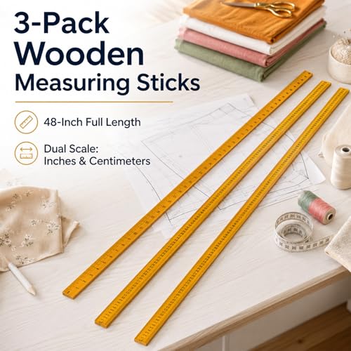 3Pcs 48 inch Yard Stick Wooden Ruler Yard Sticks Yellow Metric Ruler Straight Edge with Smooth Edges Rulers Bulk Double Sided Meter Sticks for Classroom Sewing Home Office Tailor Craft