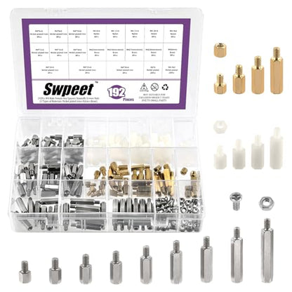 Swpeet 192Pcs M4 21 Sizes 3 Material Iron Nickel Plated/Brass/Nylon Hex Spacer Standoff Screw Nut Assortment Kit, Standoff Male Female Metric Thread Motherboard Spacer for Crcuit Board Fixing - style: M4