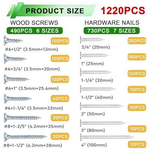 1220Pcs High Hardness Wood Screws & Premium Hardware Nails Assortment Kit, 13 Sizes (1/2''-4''),Phillips Drive Flat Head, Wood Screws, Galvanized, Picture Hanging, Wood, Common Nails with Storage Box - size: 1220PCS