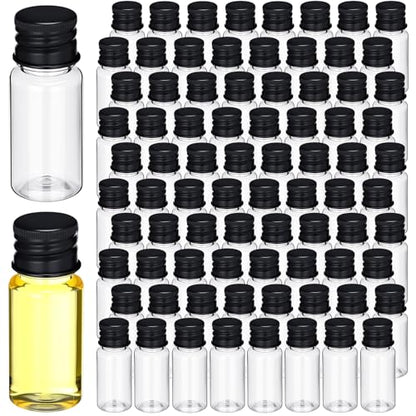 200 Pcs 10ml Mini Plastic Bottles Vials Tiny Jar with Aluminum Screw Lid Cap Clear Plastic Sample Container with Sealed Top Metal Lid for Cosmetic Essential Oil Specimen DIY Craft (Black) - color: Black