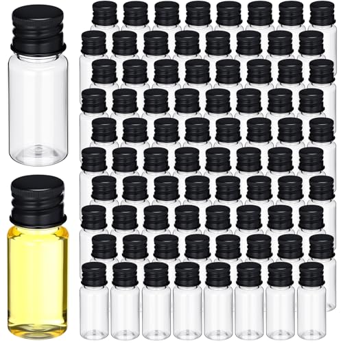 200 Pcs 10ml Mini Plastic Bottles Vials Tiny Jar with Aluminum Screw Lid Cap Clear Plastic Sample Container with Sealed Top Metal Lid for Cosmetic Essential Oil Specimen DIY Craft (Black) - color: Black